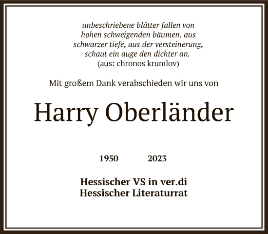 Traueranzeige von Harry Oberländer von FNP