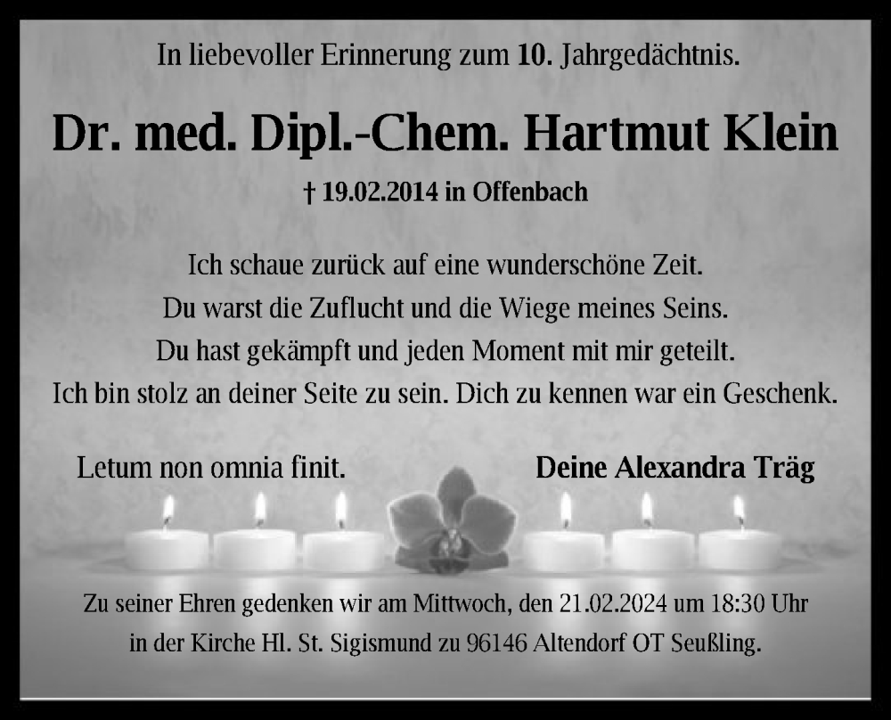  Traueranzeige für Hartmut Klein vom 19.02.2024 aus FNP