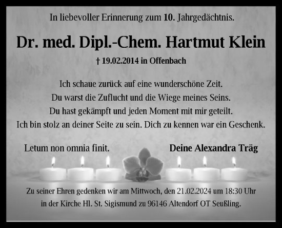 Traueranzeige von Hartmut Klein von FNP