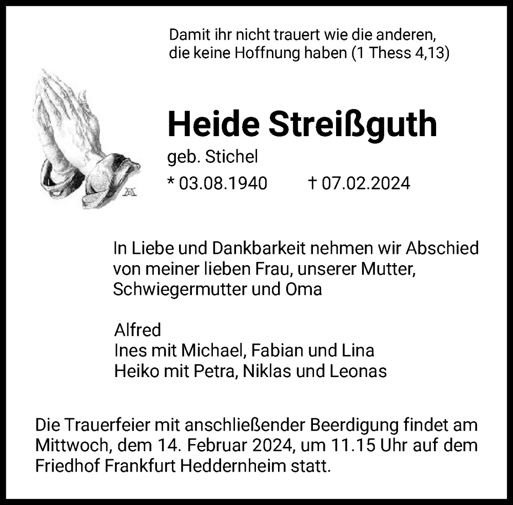  Traueranzeige für Heide Streißguth vom 10.02.2024 aus FNP