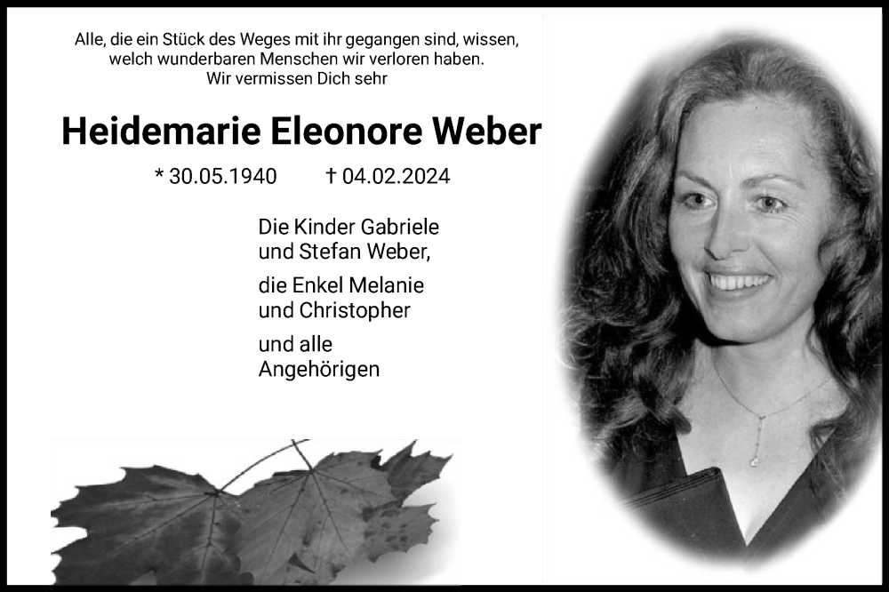  Traueranzeige für Heidemarie Eleonore Weber vom 10.02.2024 aus FNP