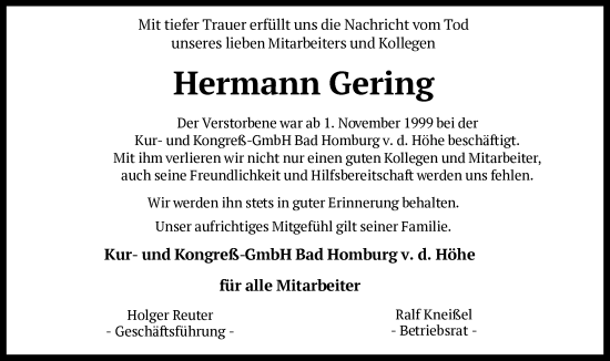 Traueranzeige von Hermann Gering von FNP