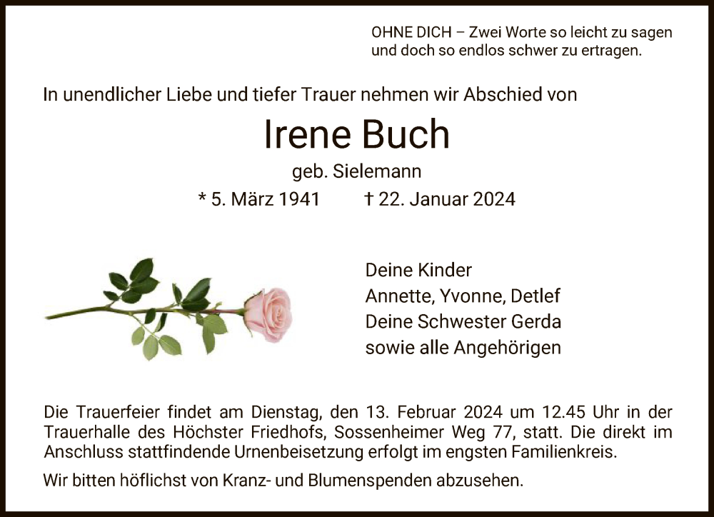  Traueranzeige für Irene Buch vom 03.02.2024 aus FNP