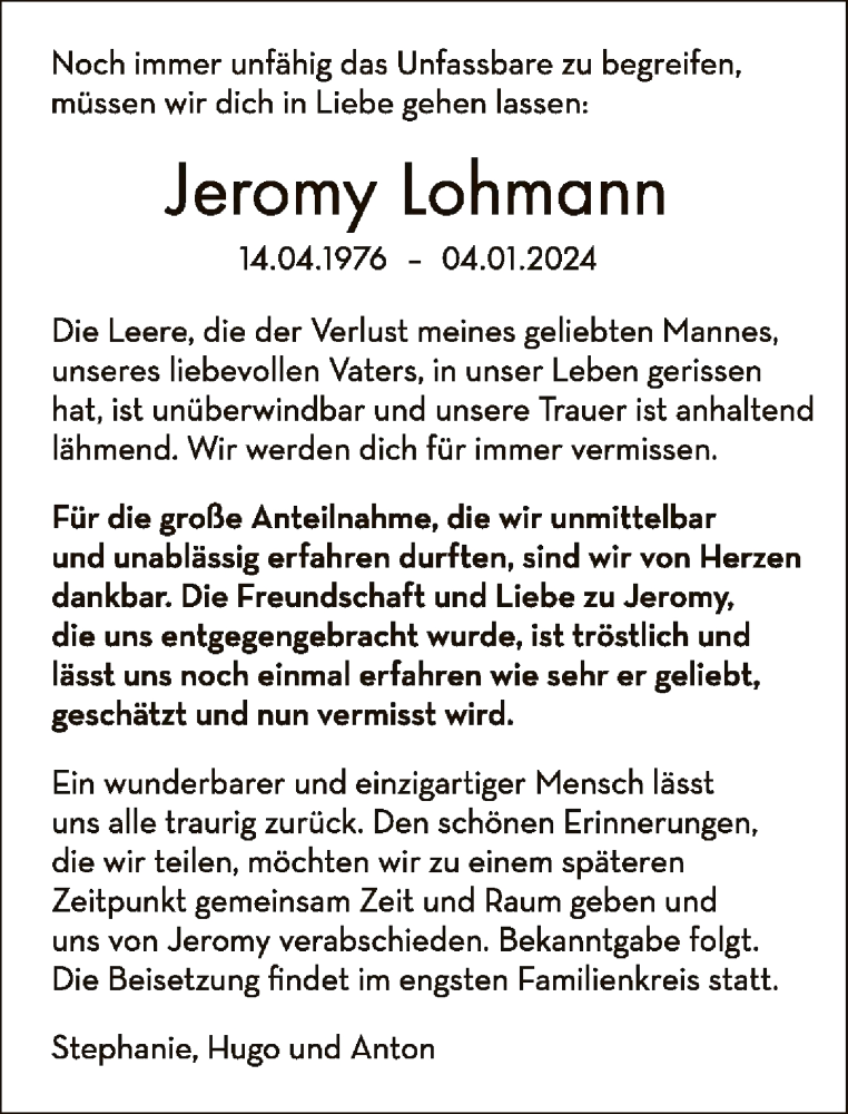  Traueranzeige für Jeromy Lohmann vom 24.02.2024 aus FNP