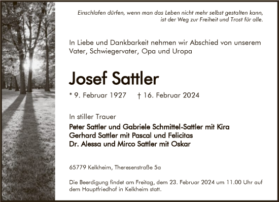 Traueranzeige von Josef Sattler von FNP