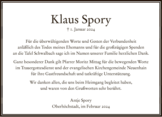 Traueranzeige von Klaus Spory von FNP