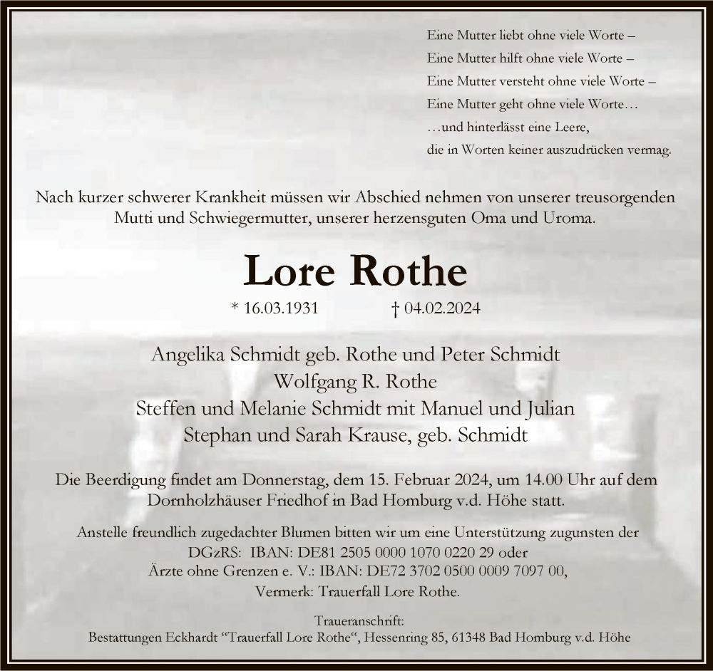  Traueranzeige für Lore Rothe vom 10.02.2024 aus FNP
