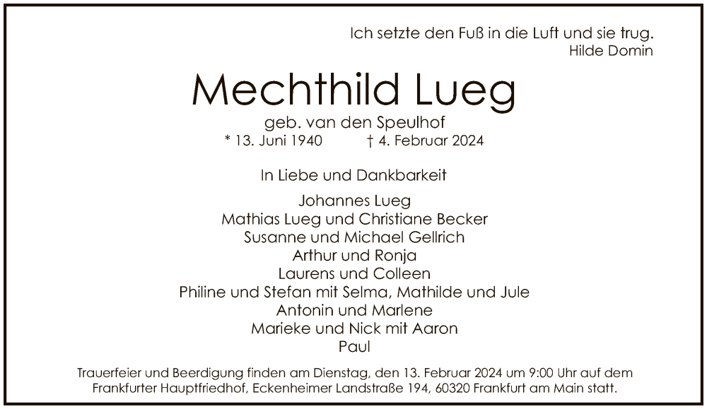  Traueranzeige für Mechthild Lueg vom 10.02.2024 aus FNP