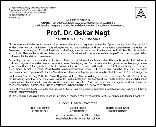 Traueranzeige von Oskar Negt von FNP