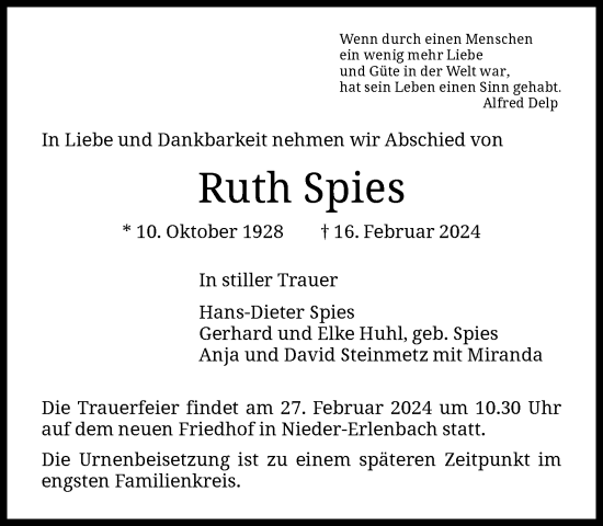 Traueranzeige von Ruth Spies von FNP