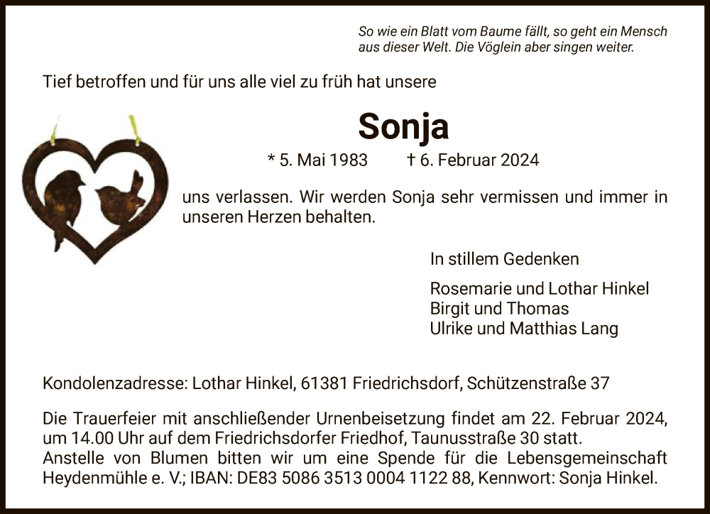  Traueranzeige für Sonja  vom 17.02.2024 aus FNP
