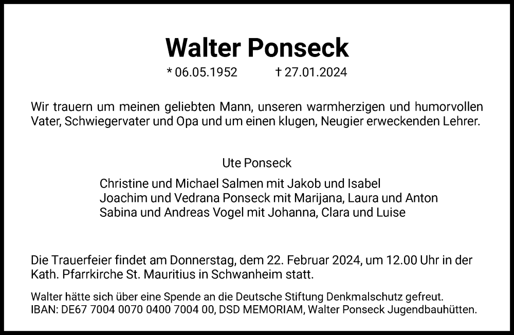  Traueranzeige für Walter Ponseck vom 14.02.2024 aus FNP