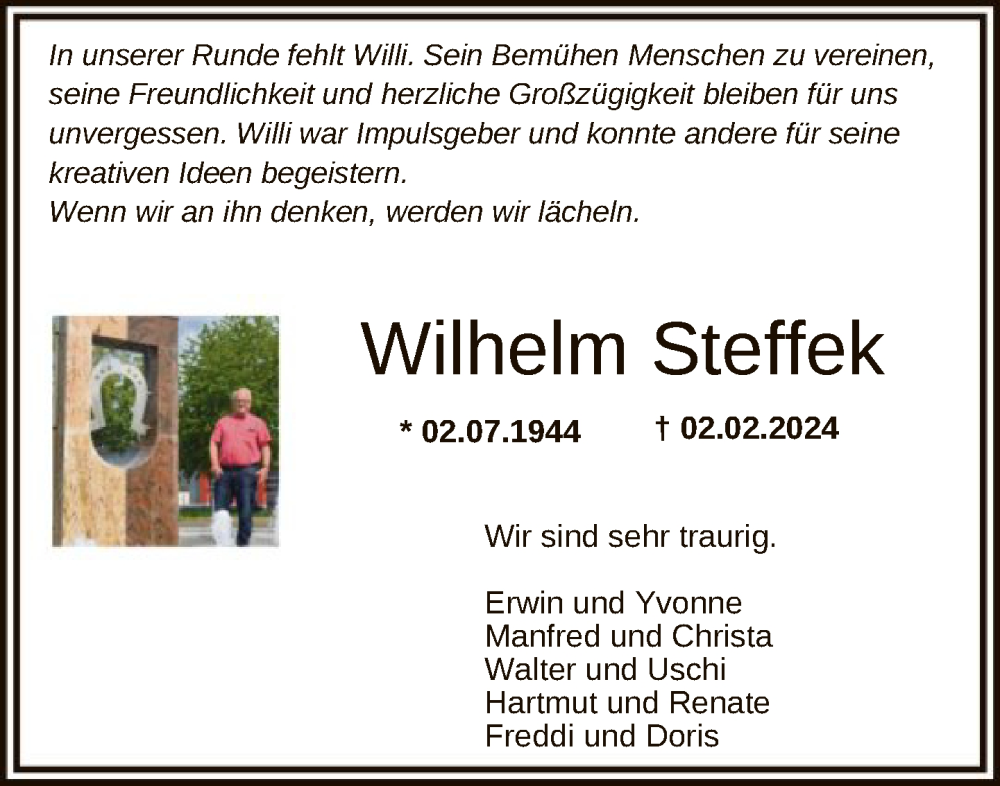  Traueranzeige für Wilhelm Steffek vom 07.02.2024 aus FNP