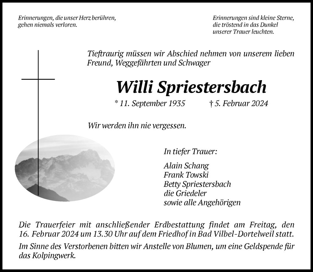  Traueranzeige für Willi Spriestersbach vom 10.02.2024 aus FNP