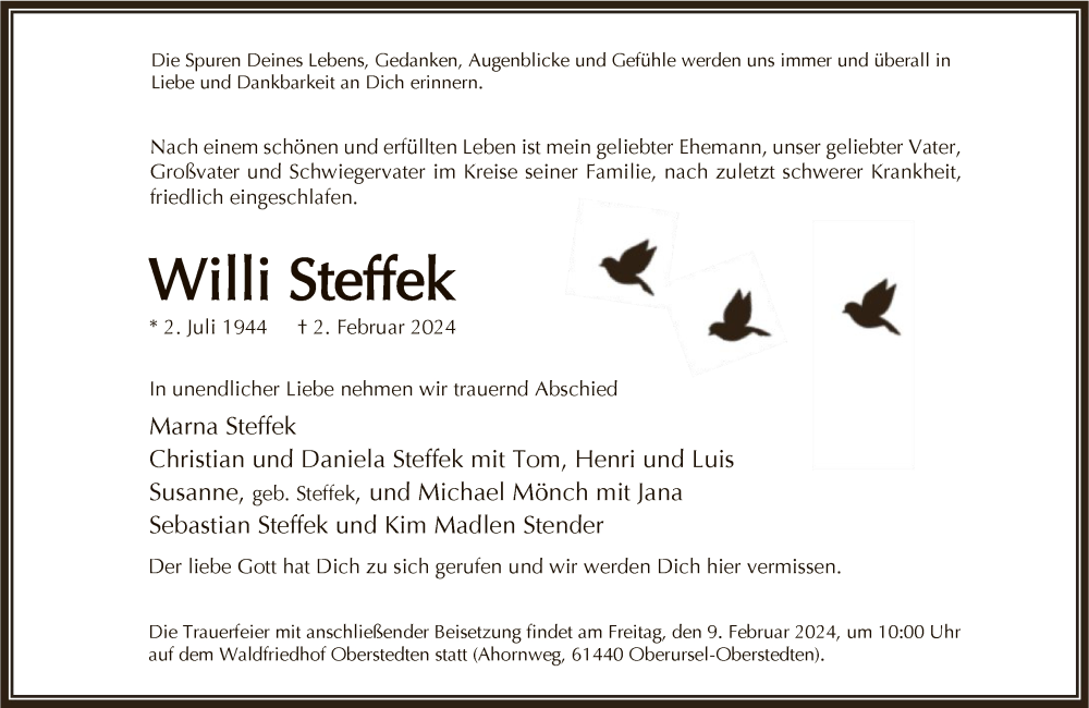  Traueranzeige für Willi Steffek vom 07.02.2024 aus FNP