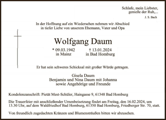 Traueranzeige von Wolfgang Daum von FNP