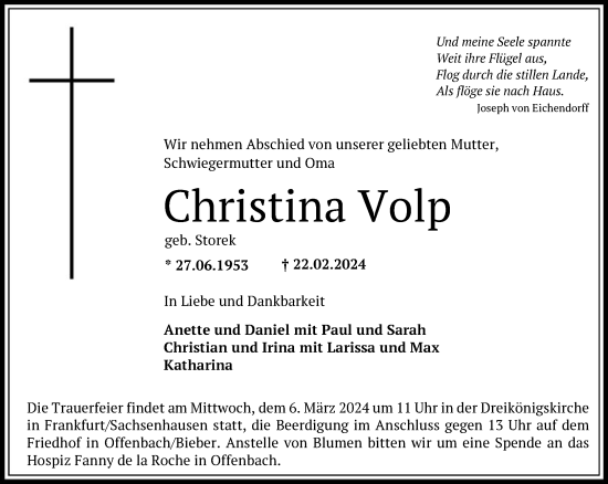 Traueranzeige von Christina Volp von FNP