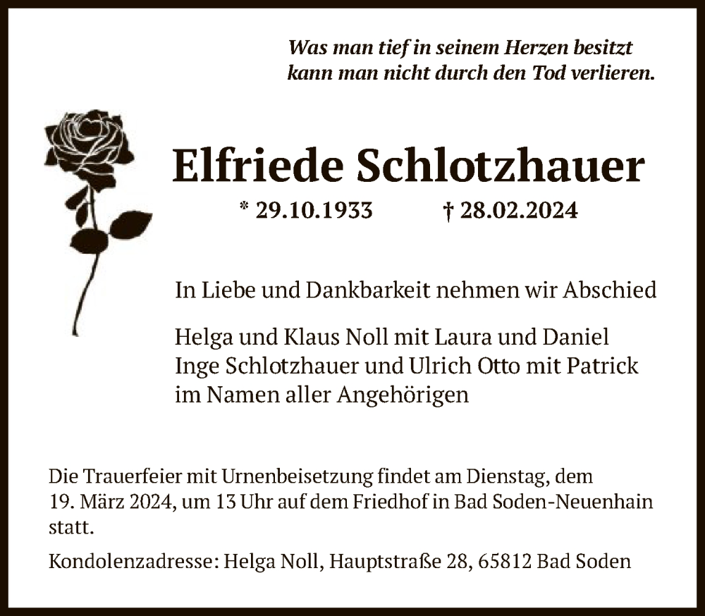  Traueranzeige für Elfriede Schlotzhauer vom 16.03.2024 aus FNP