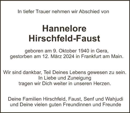 Traueranzeige von Hannelore Hirschfeld-Faust von FNP