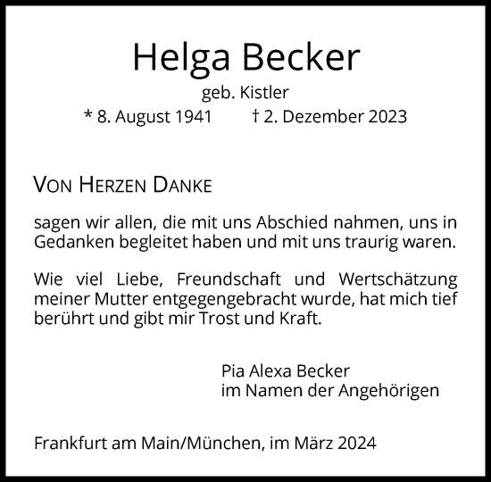 Traueranzeige von Helga Becker von FNP