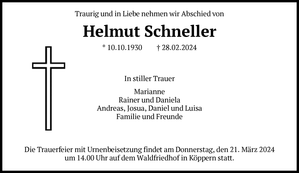  Traueranzeige für Helmut Schneller vom 16.03.2024 aus FNP