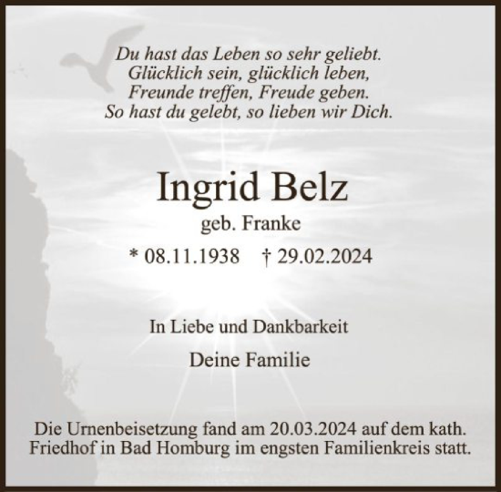 Traueranzeige von Ingrid Belz von FNP