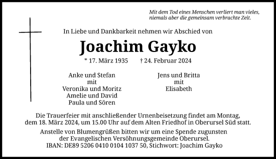 Traueranzeige von Joachim Gayko von FNP
