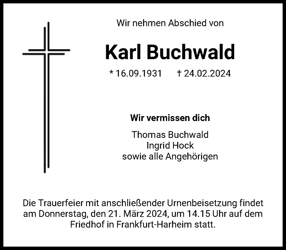  Traueranzeige für Karl Buchwald vom 16.03.2024 aus FNP