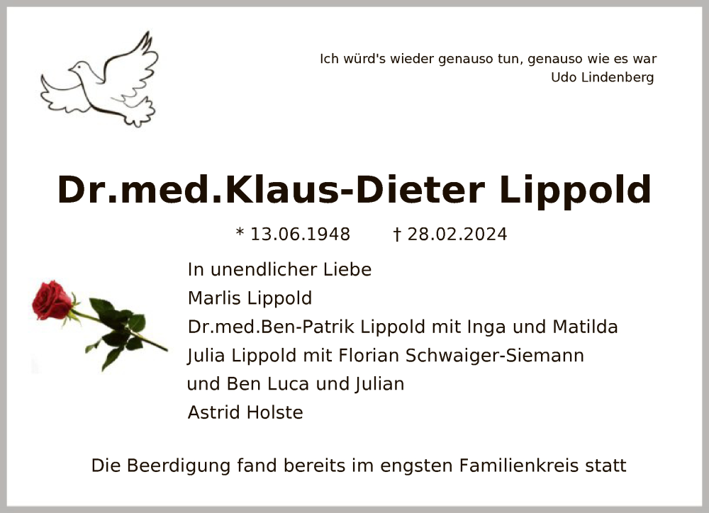  Traueranzeige für Klaus-Dieter Lippold vom 16.03.2024 aus FNP