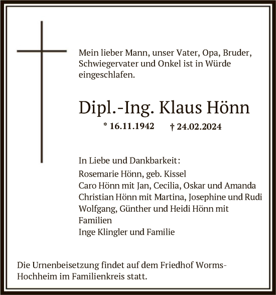 Traueranzeige von Klaus Hönn von FNP