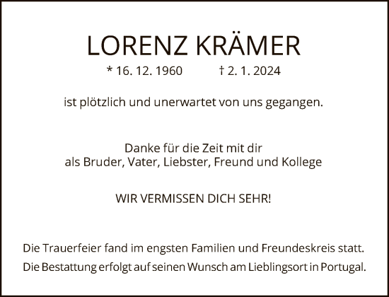 Traueranzeige von Lorenz Krämer von FNP