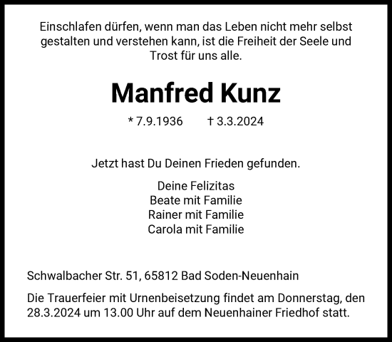 Traueranzeige von Manfred Kunz von FNP