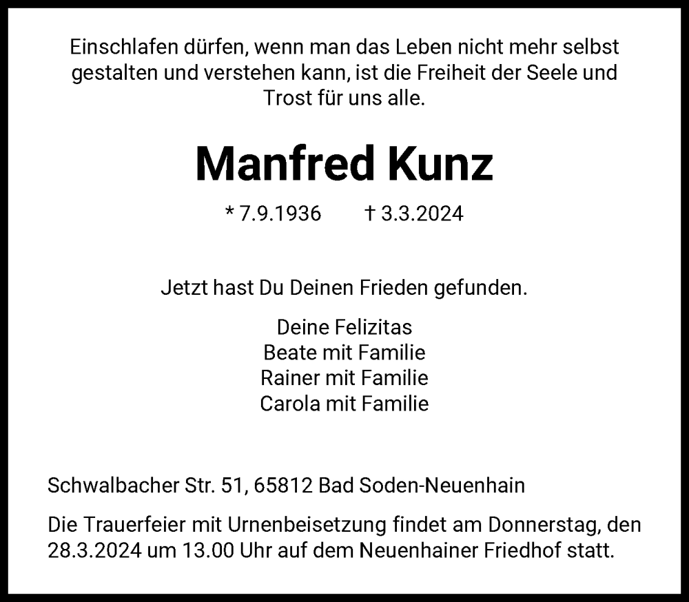 Traueranzeigen Von Manfred Kunz Trauer Rheinmain De