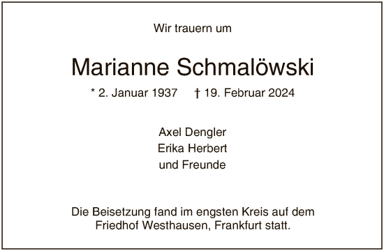 Traueranzeige von Marianne Schmalöwski von FNP