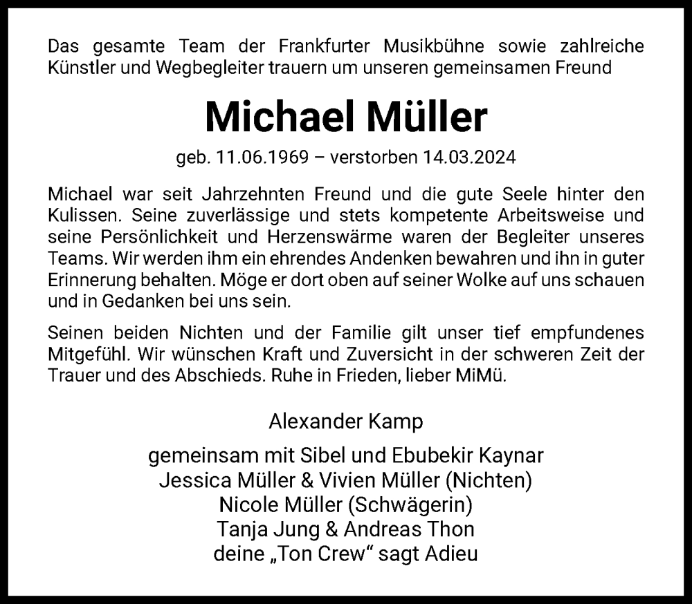  Traueranzeige für Michael Müller vom 16.03.2024 aus FNP