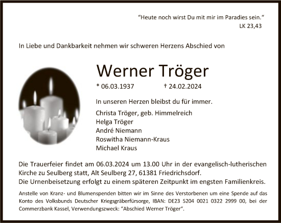 Traueranzeige von Werner Tröger von FNP