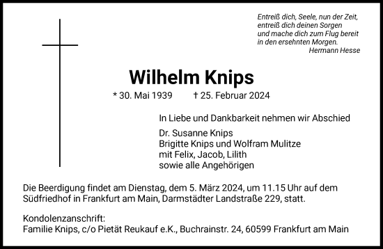 Traueranzeige von Wilhelm Knips von FNP