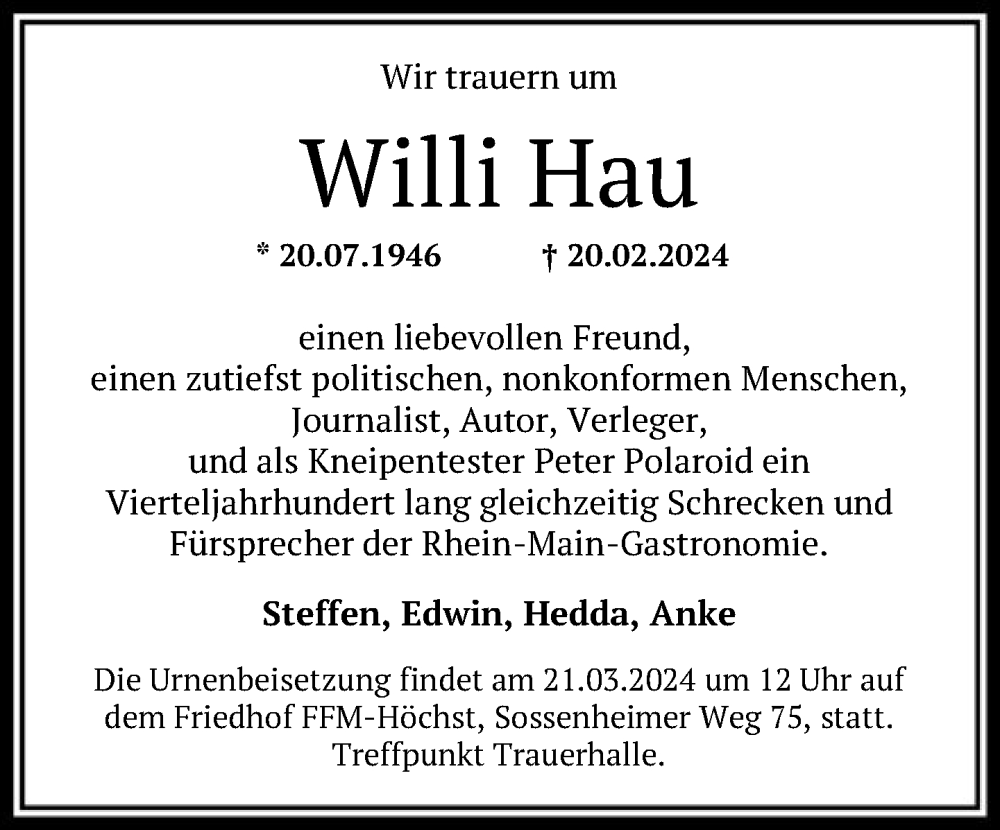  Traueranzeige für Willi Hau vom 16.03.2024 aus FNP