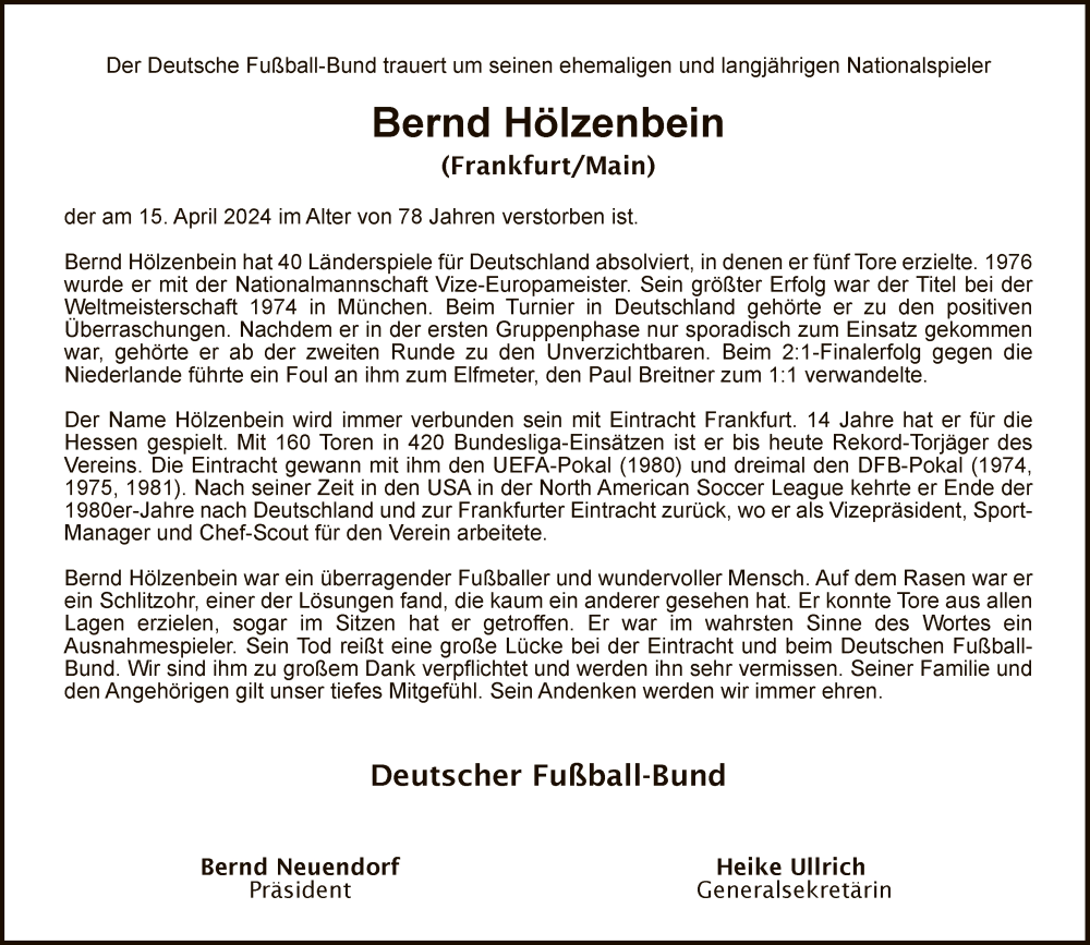  Traueranzeige für Bernd Hölzenbein vom 20.04.2024 aus FNP