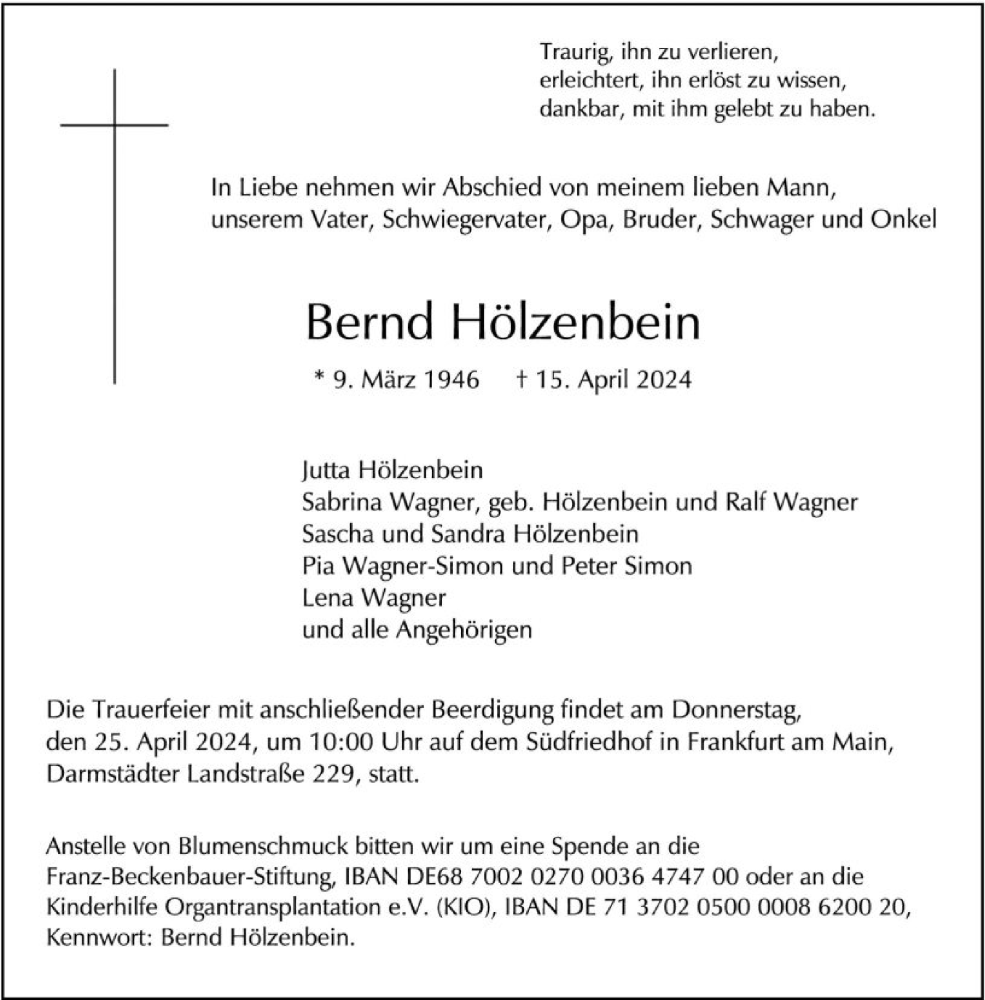  Traueranzeige für Bernd Hölzenbein vom 20.04.2024 aus FNP