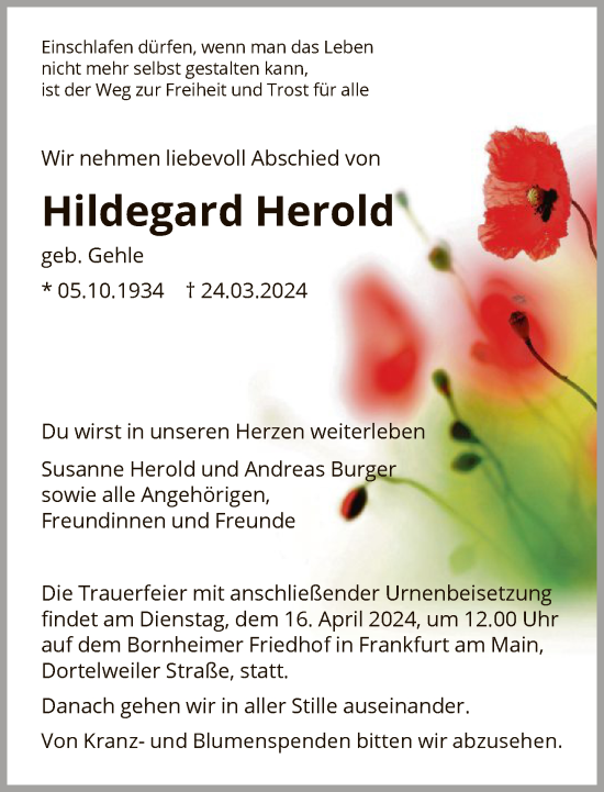 Traueranzeige von Hildegard Herold von FNP