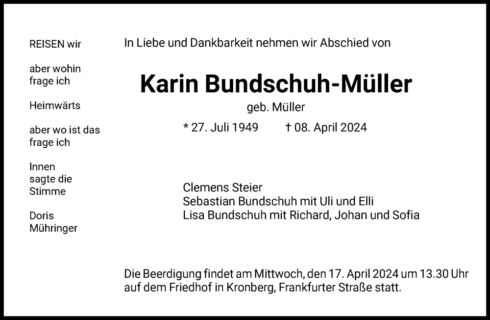  Traueranzeige für Karin Bundschuh-Müller vom 13.04.2024 aus FNP