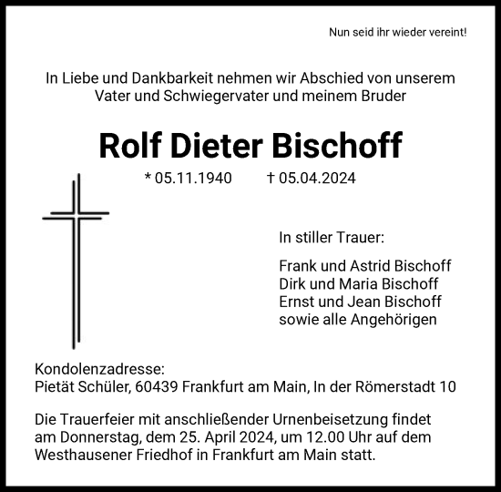 Traueranzeige von Rolf Dieter Bischoff von FNP