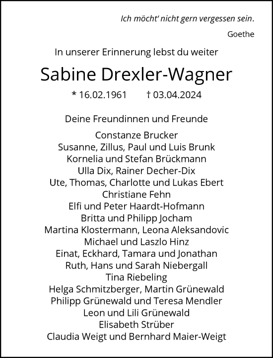 Traueranzeige von Sabine Drexler-Wagner von FNP