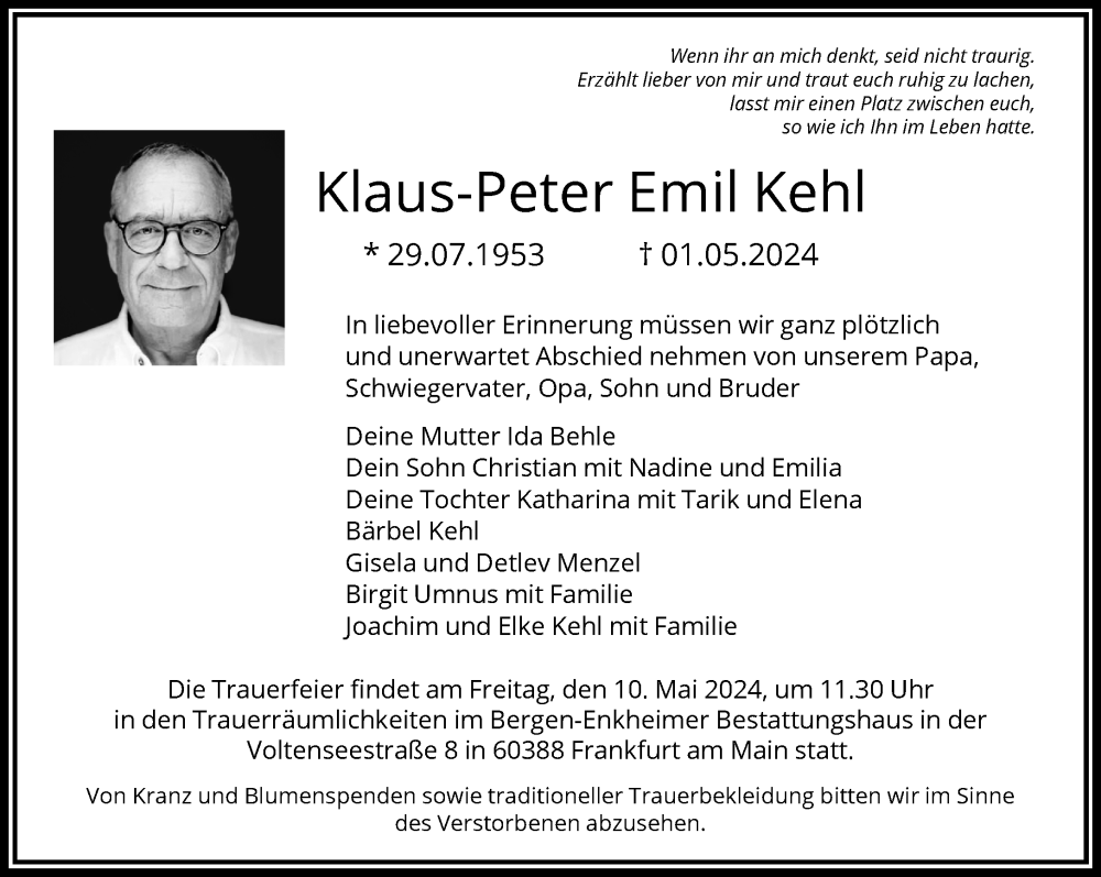  Traueranzeige für Klaus-Peter Emil Kehl vom 08.05.2024 aus 