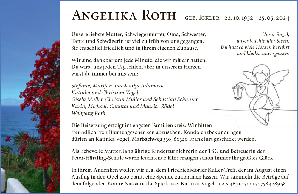  Traueranzeige für Angelika Roth vom 01.06.2024 aus FNP