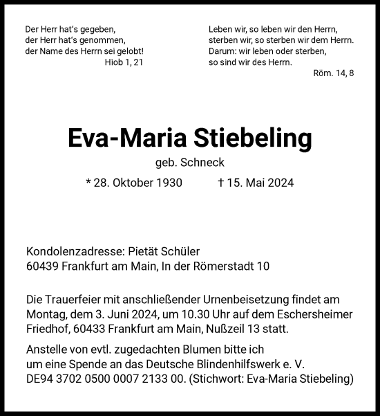 Traueranzeige von Eva-Maria Stiebeling von FNP