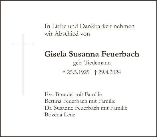 Traueranzeige von Gisela Susanna Feuerbach von FNP