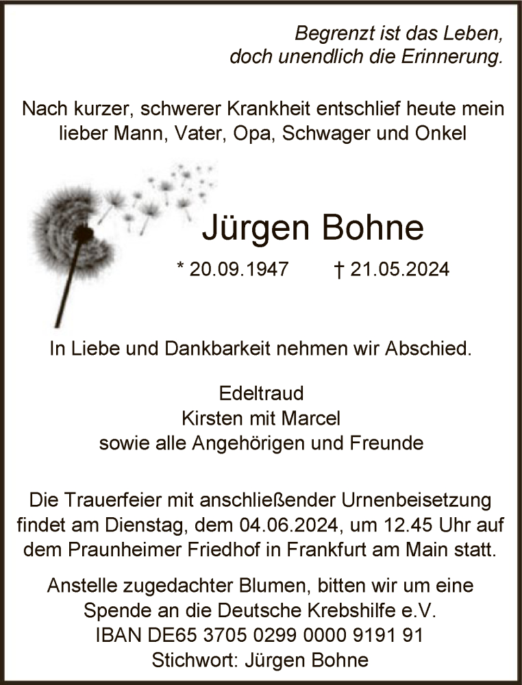  Traueranzeige für Jürgen Bohne vom 25.05.2024 aus FNP