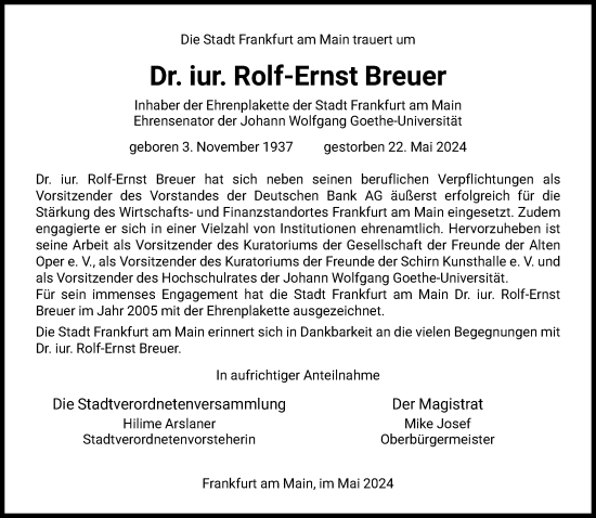 Traueranzeige von Rolf-Ernst Breuer von FNP